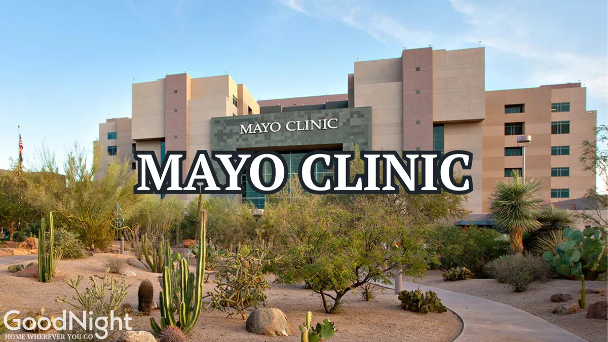 A view of the Mayo Clinic building surrounded by desert landscaping, including cacti and succulents, under the clear Scottsdale sky. The scene conveys a professional and tranquil atmosphere, emphasizing the location's proximity to a major business and event venue.