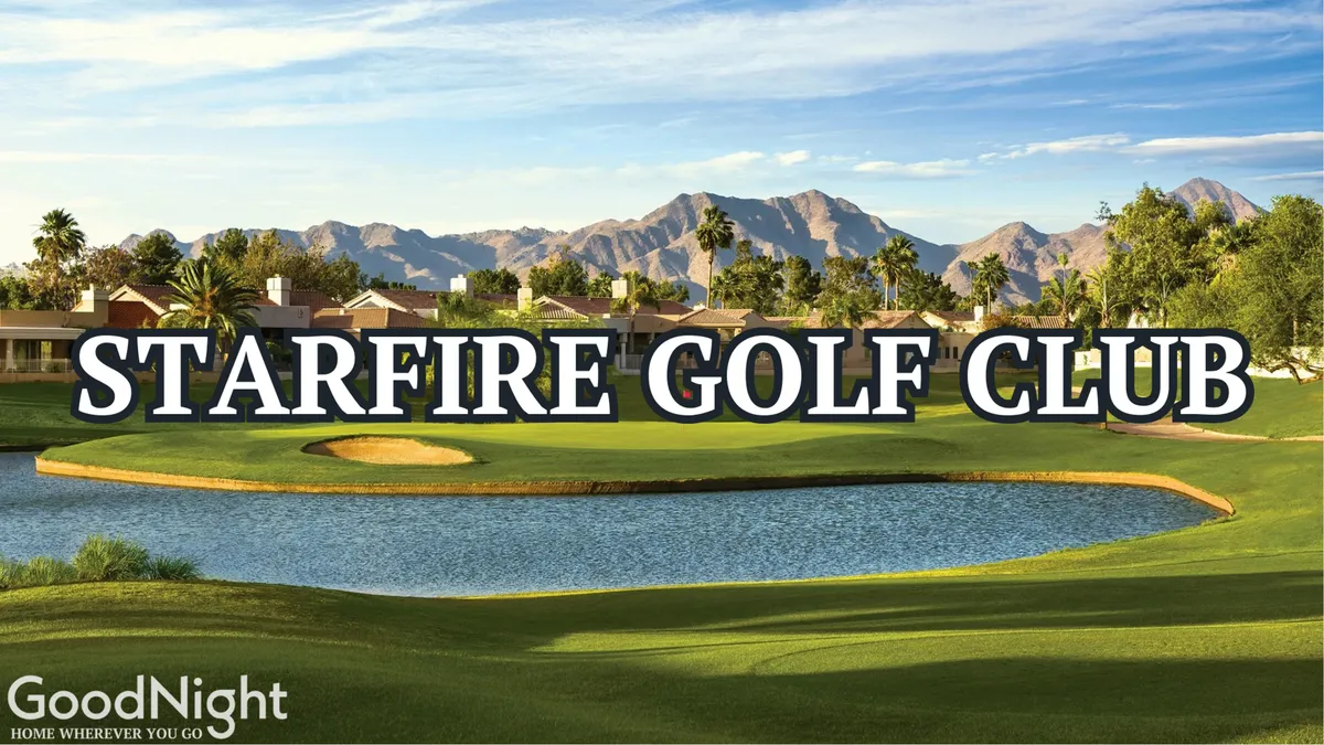 A sweeping view of a lush golf course bordered by a tranquil lake, palm trees, and mountains in the background. The clubhouse can be seen in the distance, while the scene is bathed in soft, sunset light, emphasizing the upscale and relaxing atmosphere of Scottsdale’s renowned golf landscape.